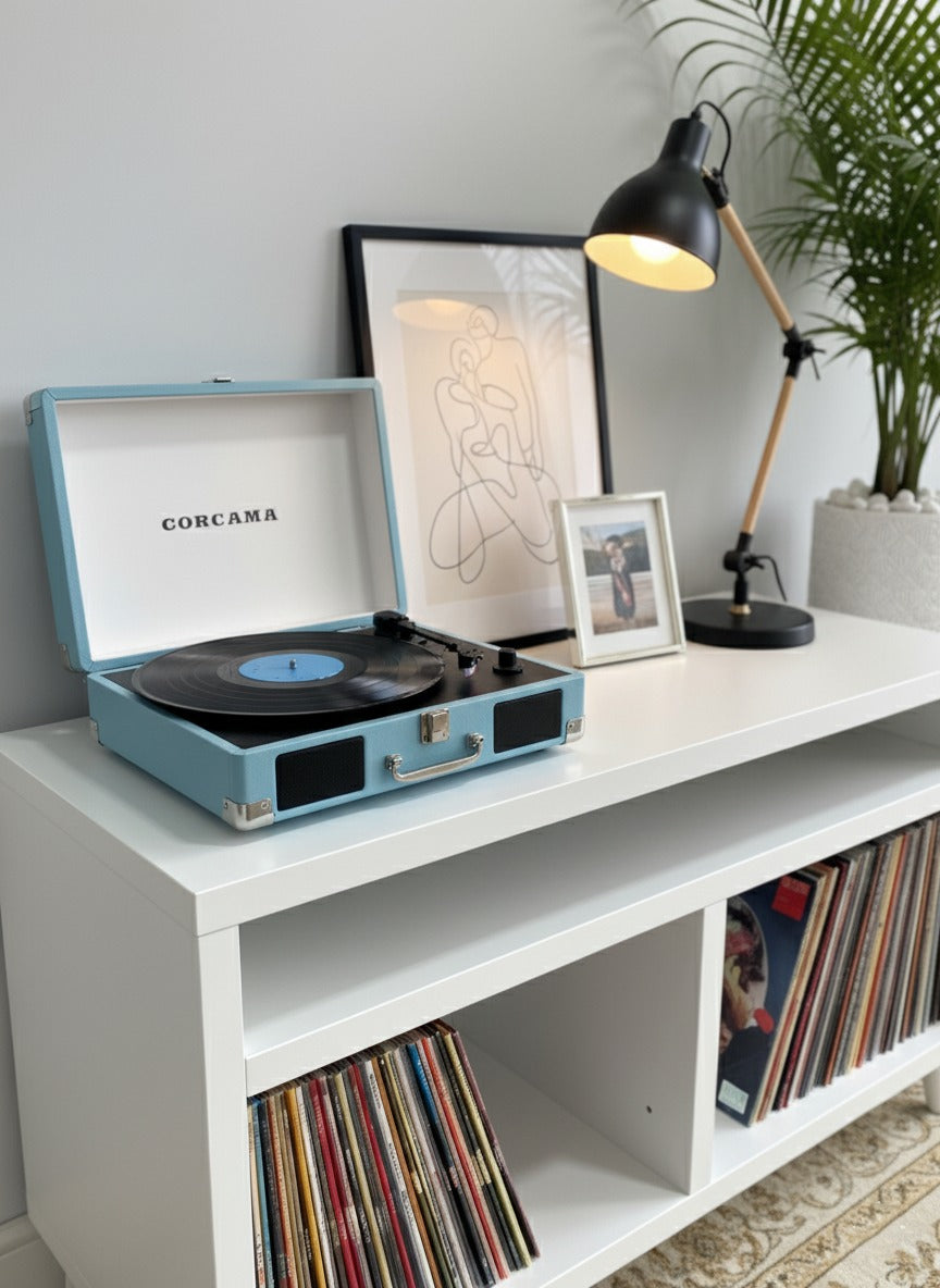 Modern Record Player Stand with Vinyl Storage – Turntable Table & LP Organizer