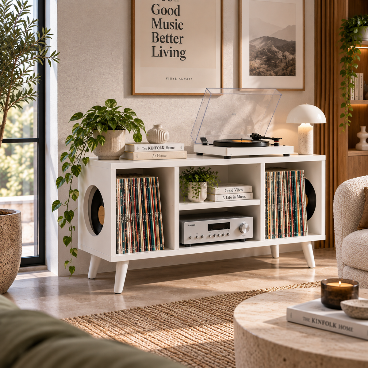 Vinyl Record Storage Console with Turntable Stand – Modern LP Media Cabinet