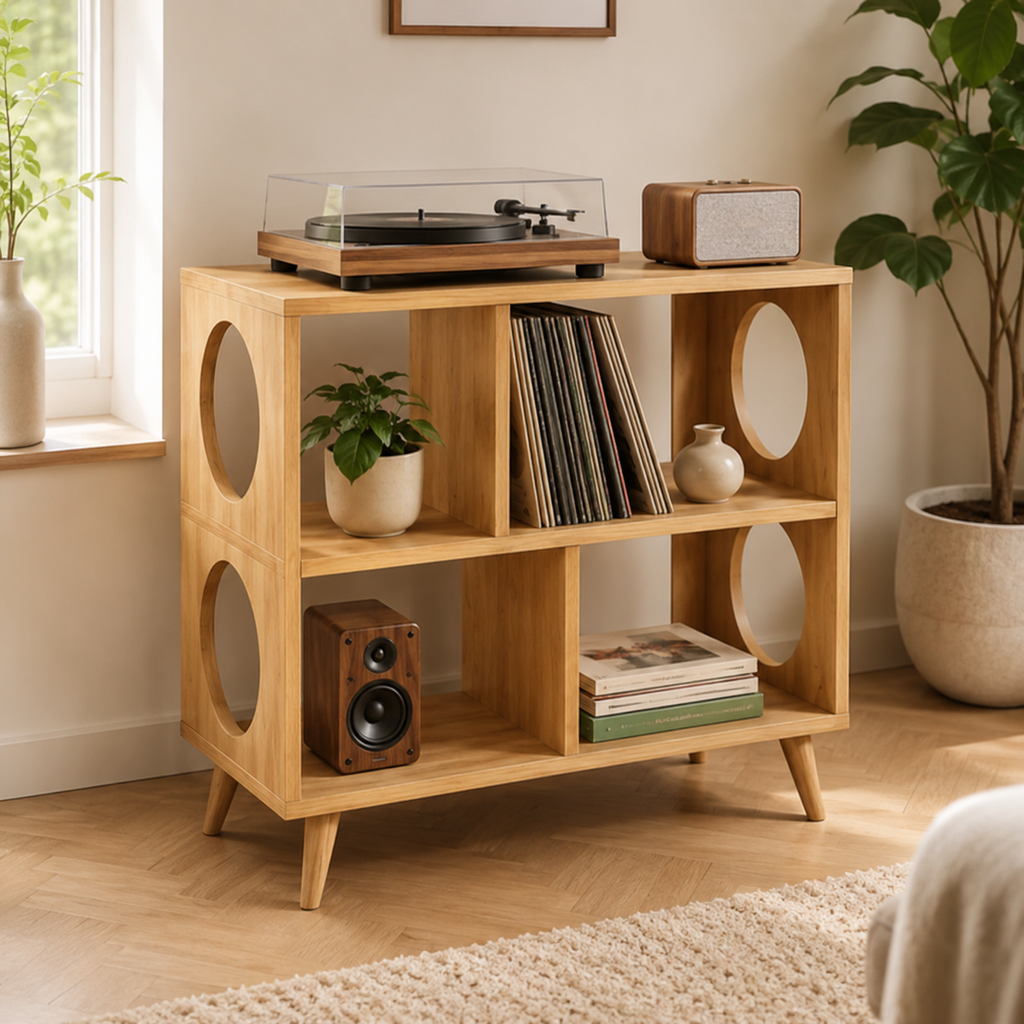 Modern Record Player Stand with Vinyl Storage – Turntable Cabinet & LP Organizer