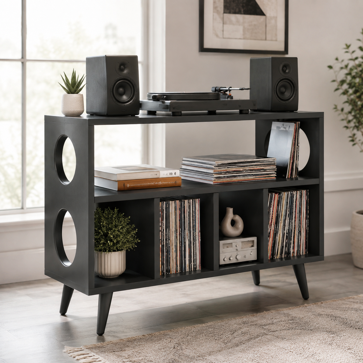 Mid-Century Record Player Stand with Vinyl Storage – Turntable Stand & LP Organizer