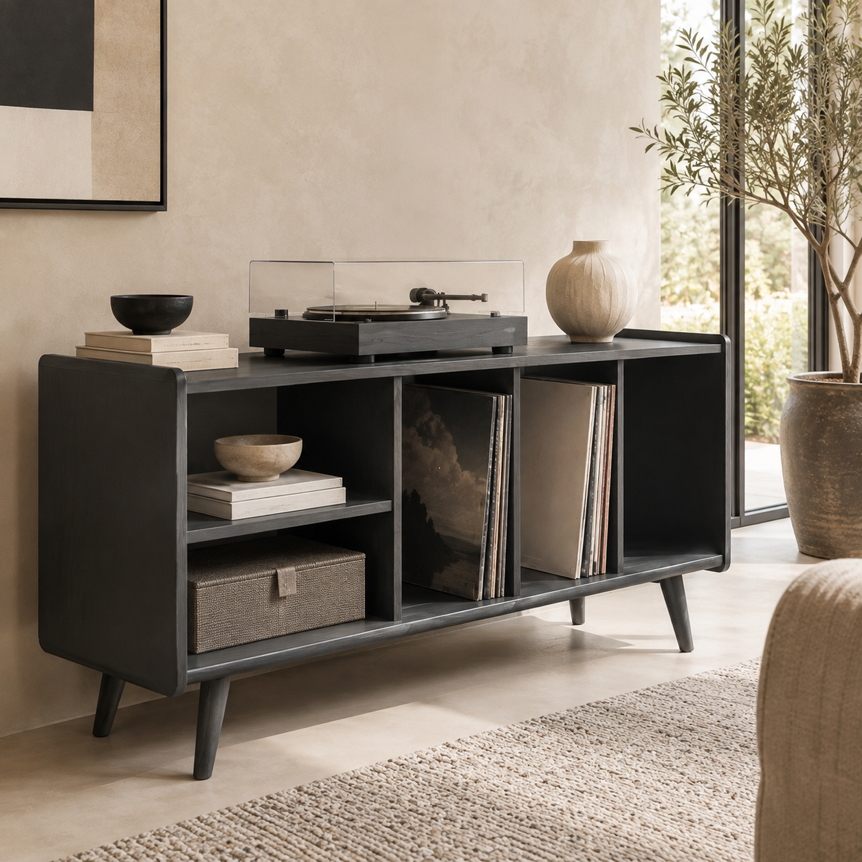 Mid-Century Record Player Stand with Vinyl Storage – Turntable Console & LP Storage Cabinet
