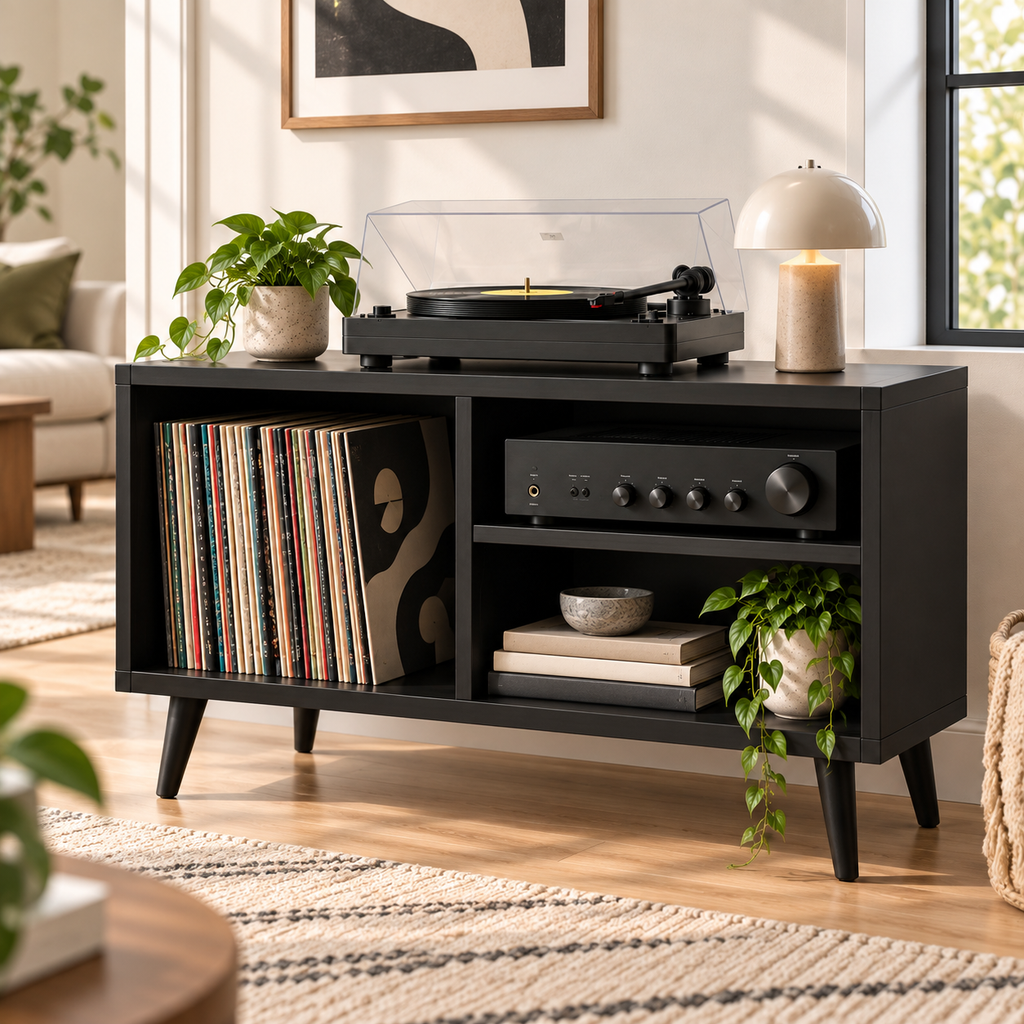 Modern Record Player Stand with Vinyl Storage – Turntable Table & LP Organizer