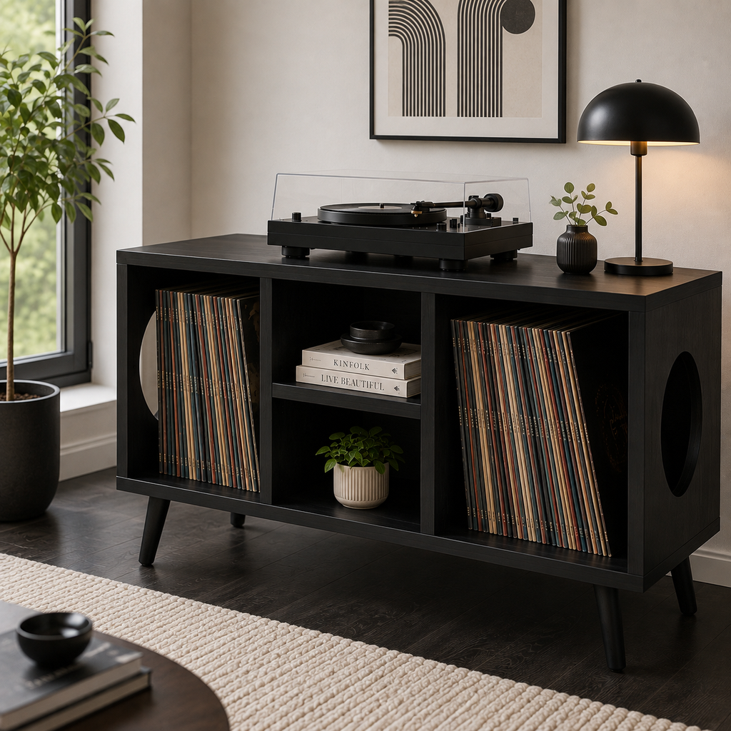 Modern Turntable Stand with LP Storage – Wide Vinyl Record Player Console