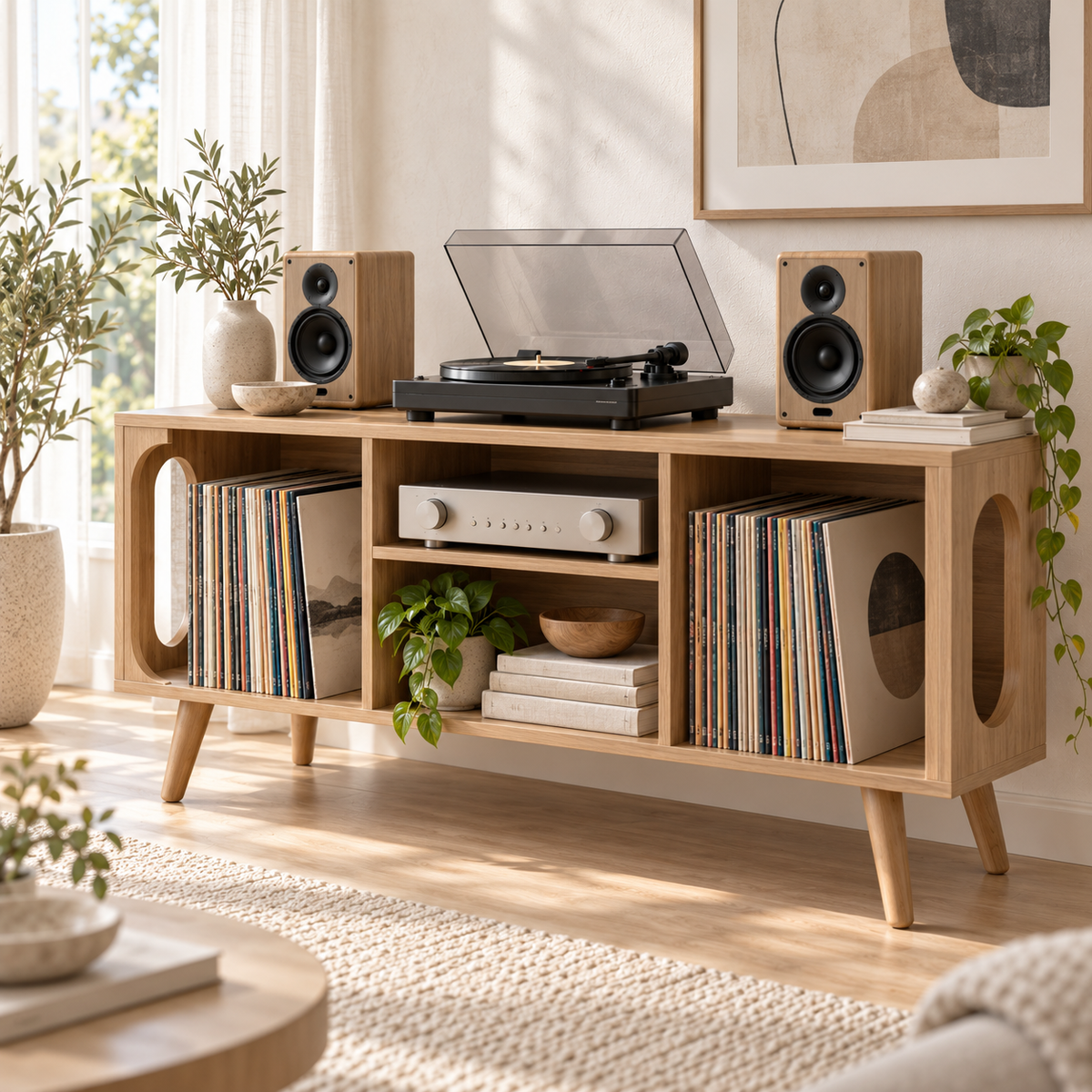 Vinyl Record Storage Console with Turntable Stand – Modern LP Media Cabinet