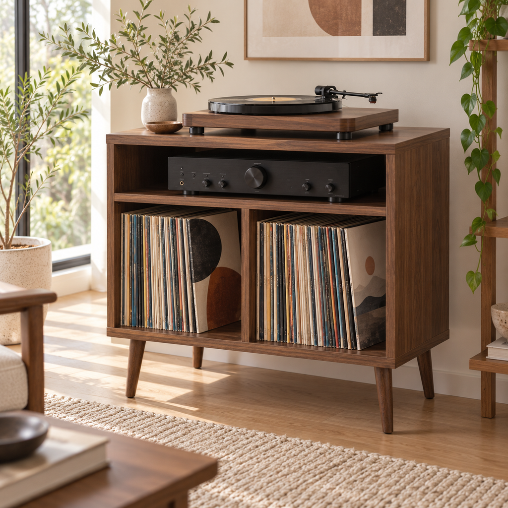 Record Player Stand with Vinyl Storage – Compact Turntable Stand & LP Organizer