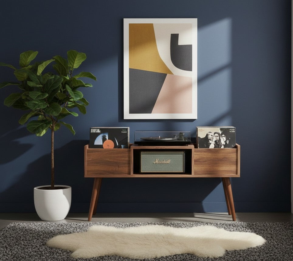 120cm レコードプレーヤー台（レコード収納付き）– モダンなターンテーブルスタンド＆LPオーガナイザー