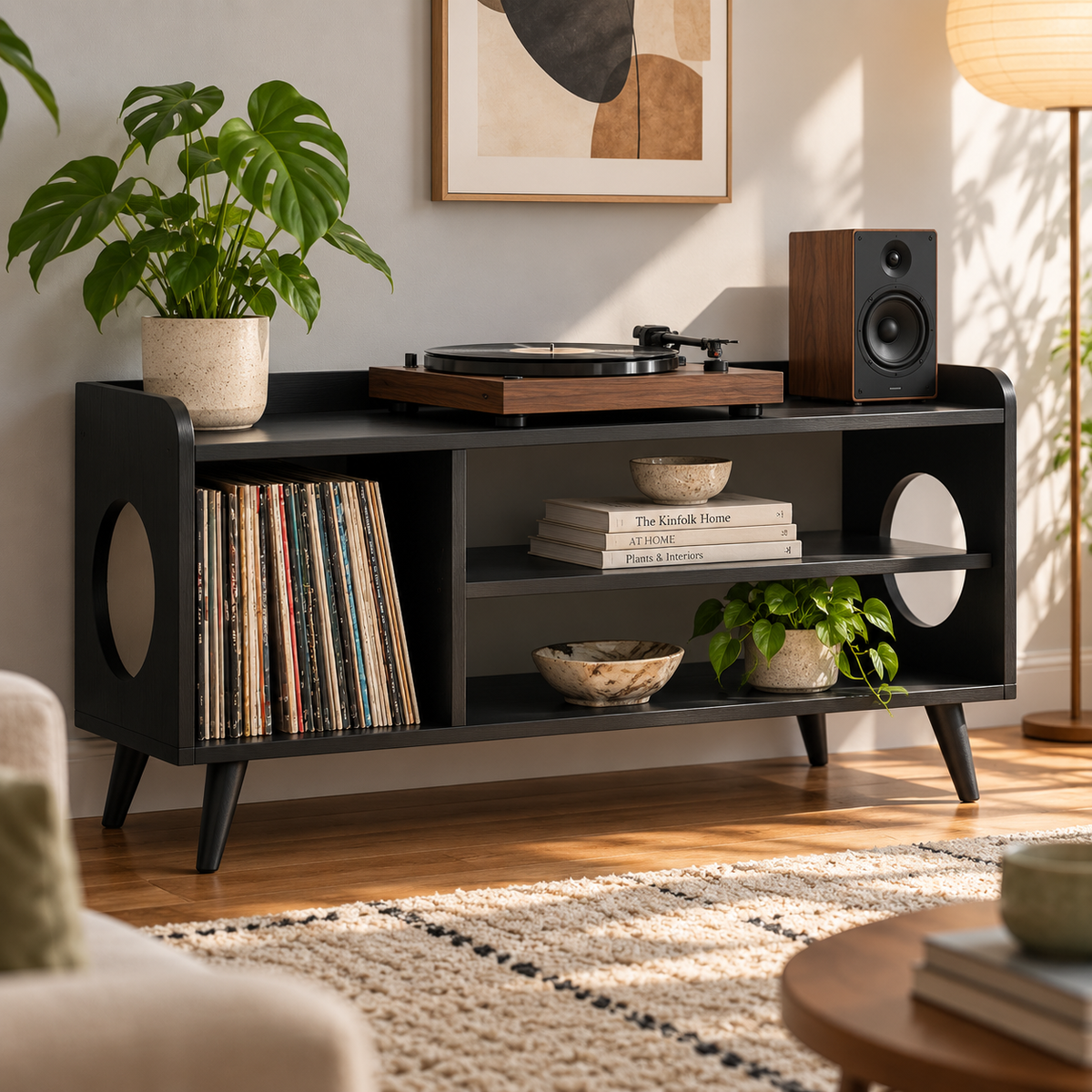 レコードプレーヤー用スタンド（レコード収納付き）– モダンなターンテーブルスタンド＆LPオーガナイザー