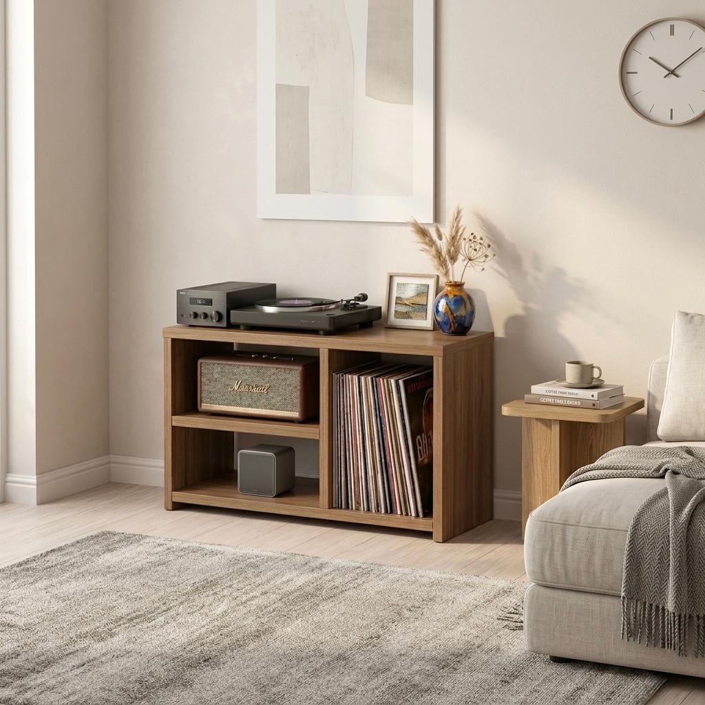 Low Record Player Stand with Vinyl Storage – Turntable Stand & LP Organizer
