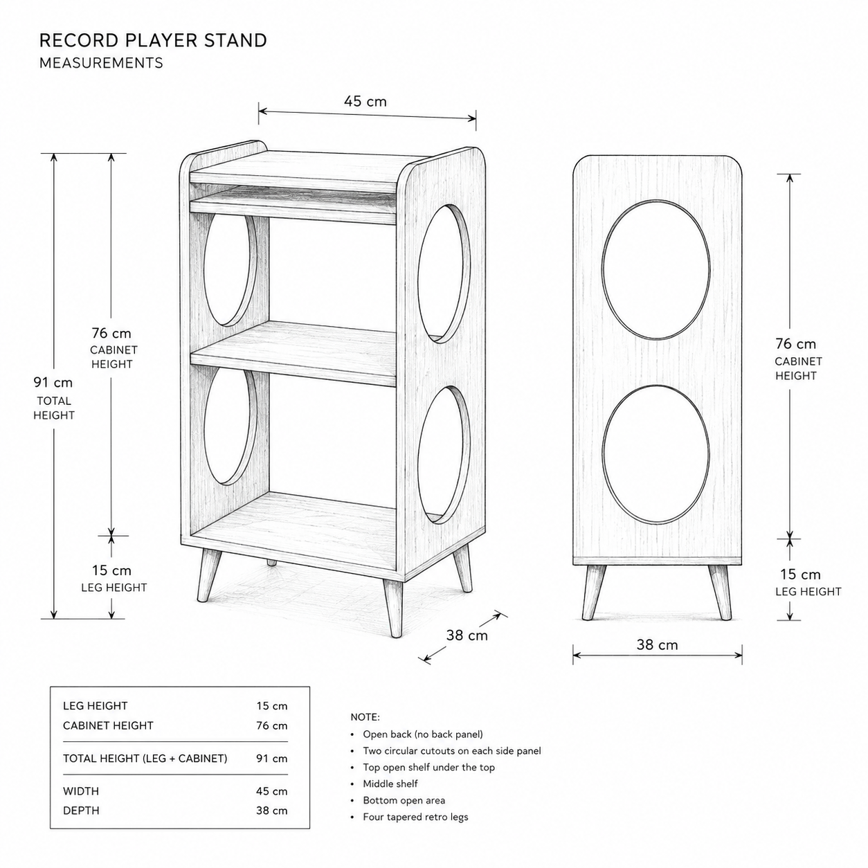 Mid-Century Record Player Stand with Vinyl Storage – Narrow Turntable Stand & LP Organizer