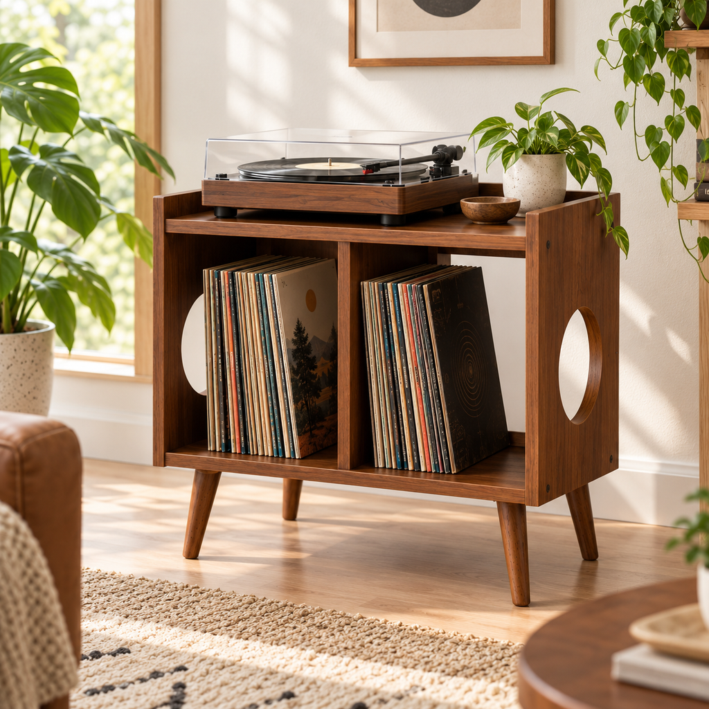 Narrow Record Player Stand with Vinyl Storage – Compact Turntable Cabinet, 45 cm Wide