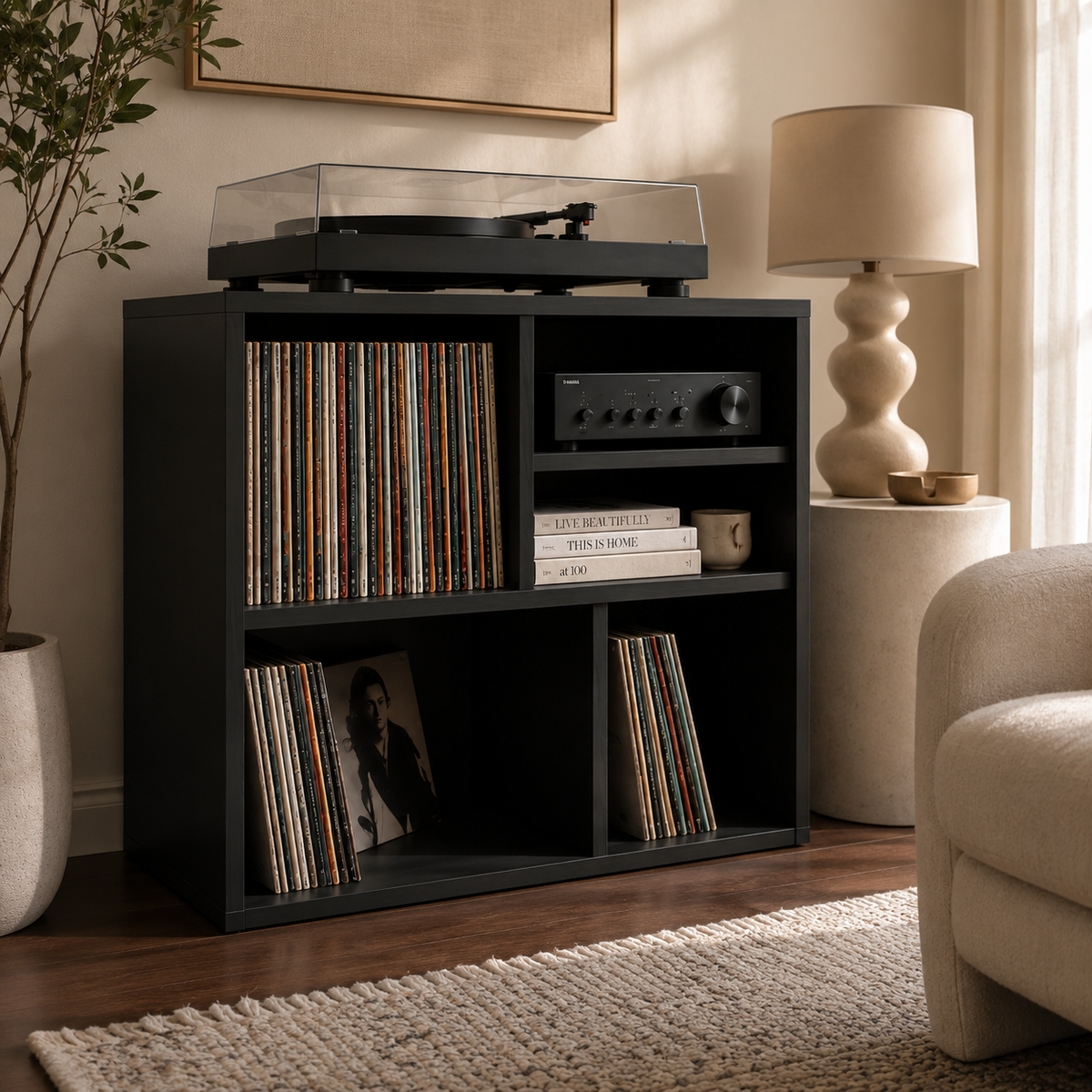Narrow Turntable Stand with Vinyl Record Storage – Compact Record Player Cabinet