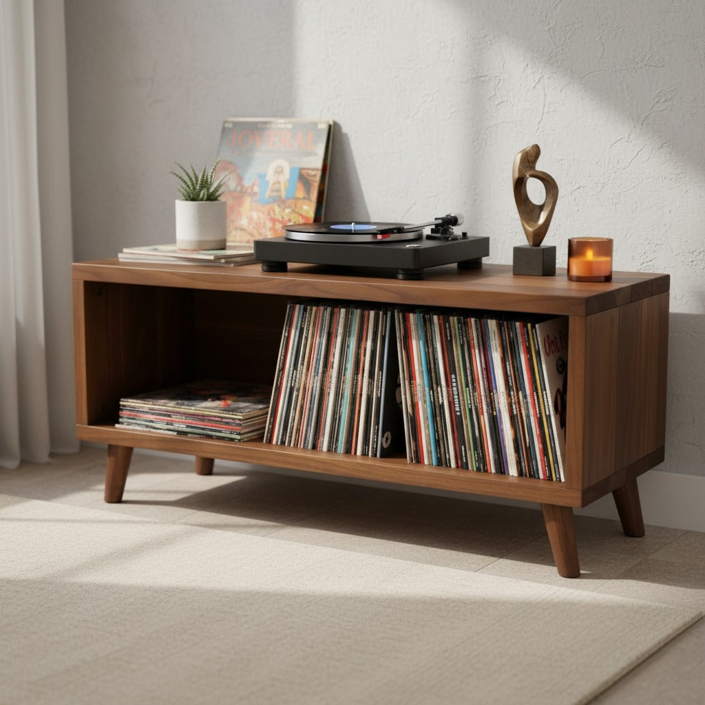 レコードプレーヤー用ロープロファイルスタンド（レコード収納付き）– ターンテーブル台＆LP収納ラック