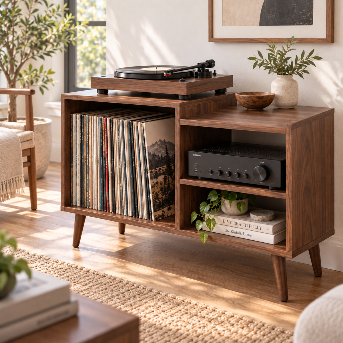 レコードプレーヤー用スリムスタンド（レコード収納付き）– コンパクト