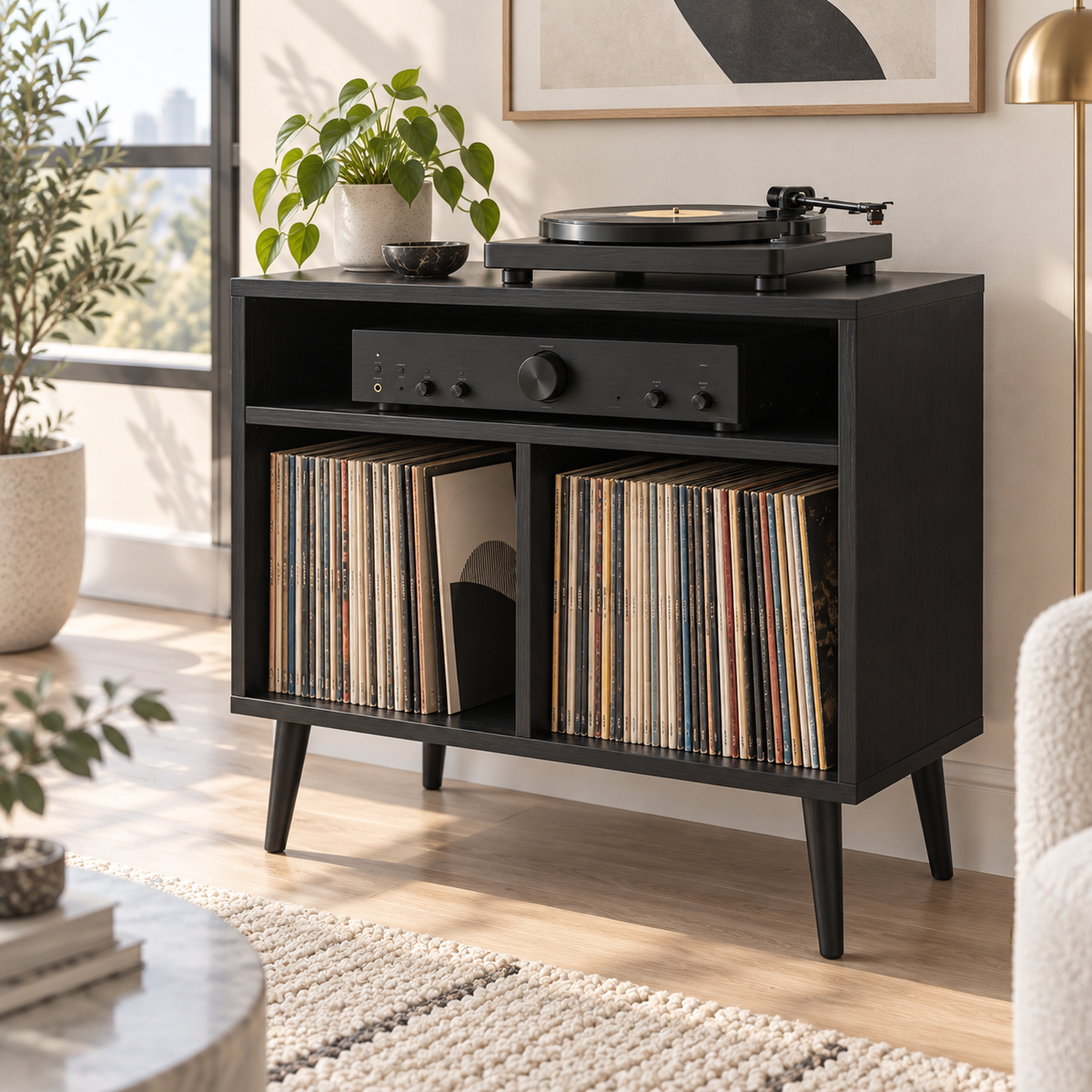 Record Player Stand with Vinyl Storage – Compact Turntable Stand & LP Organizer