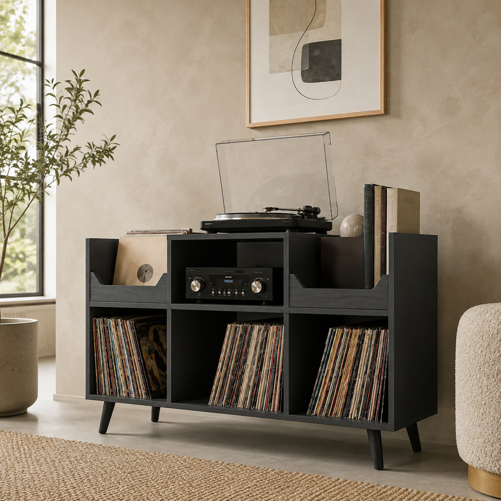 Mid-Century Record Player Stand with Vinyl Storage – Turntable Console & LP Organizer