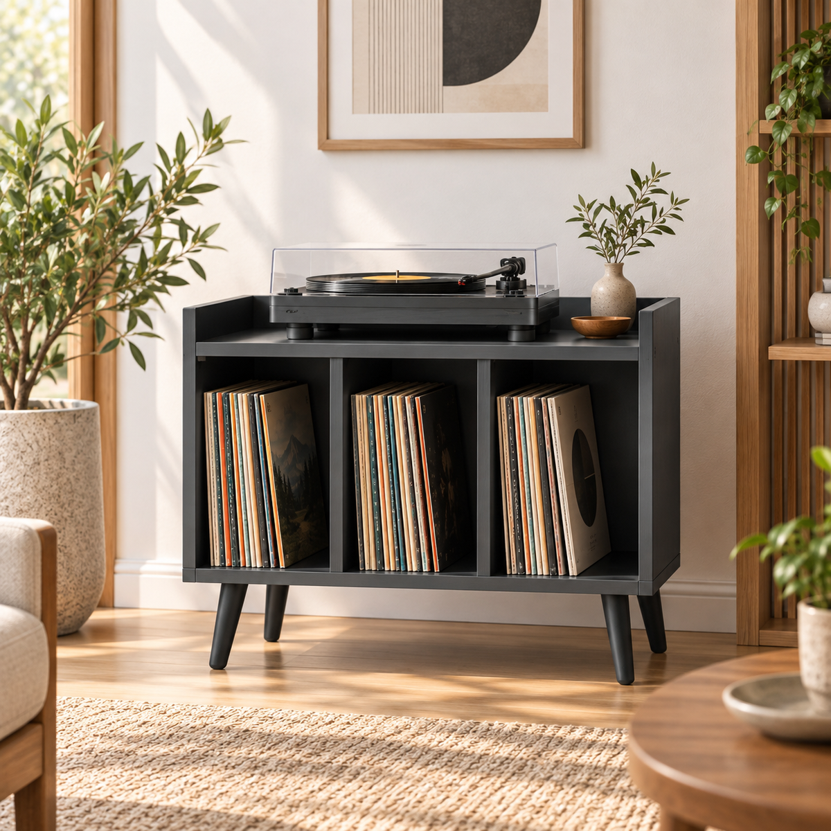 Compact Record Player Stand with Vinyl Storage – 60 cm Turntable Cabinet
