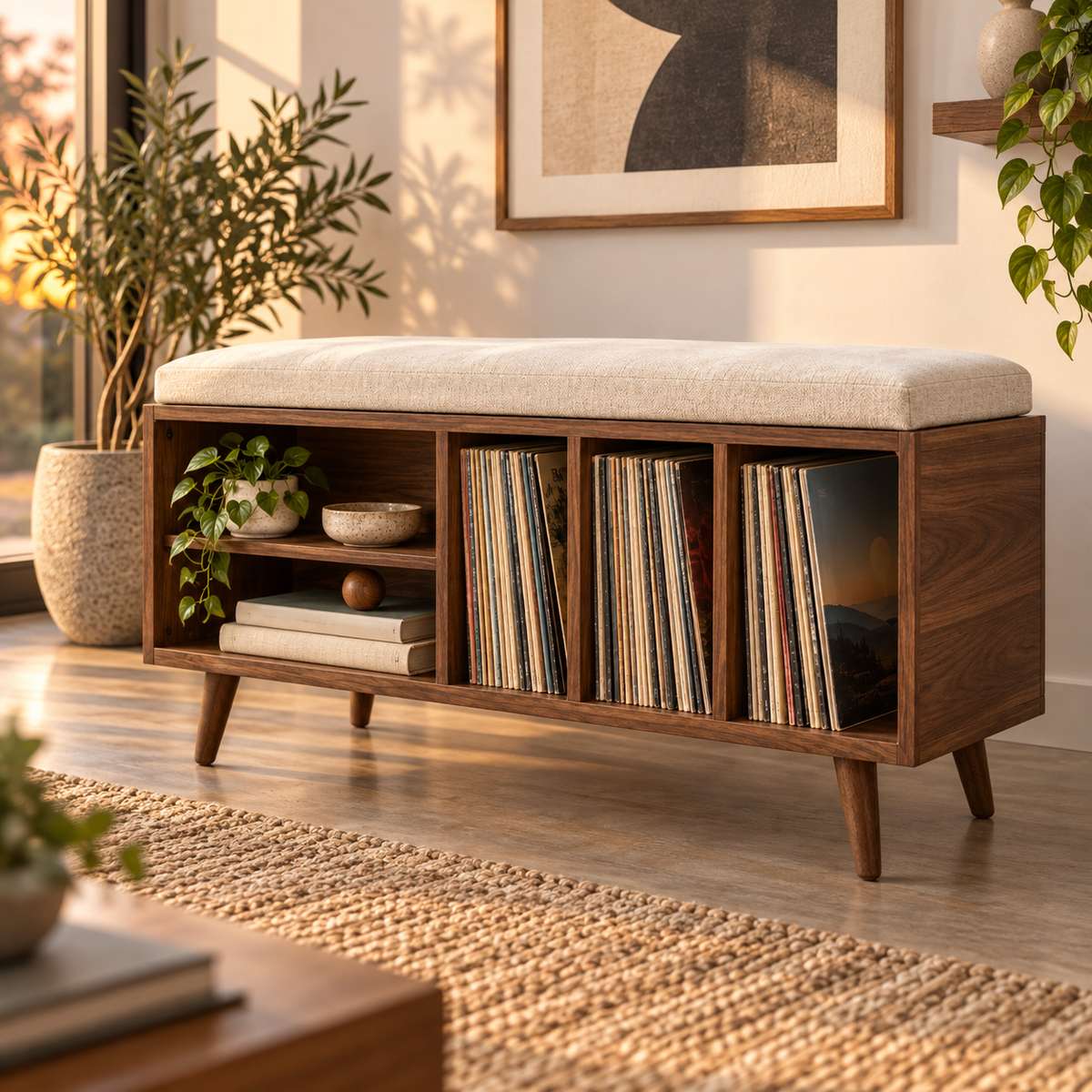 Vinyl Record Storage Bench – LP Organizer & Listening Room