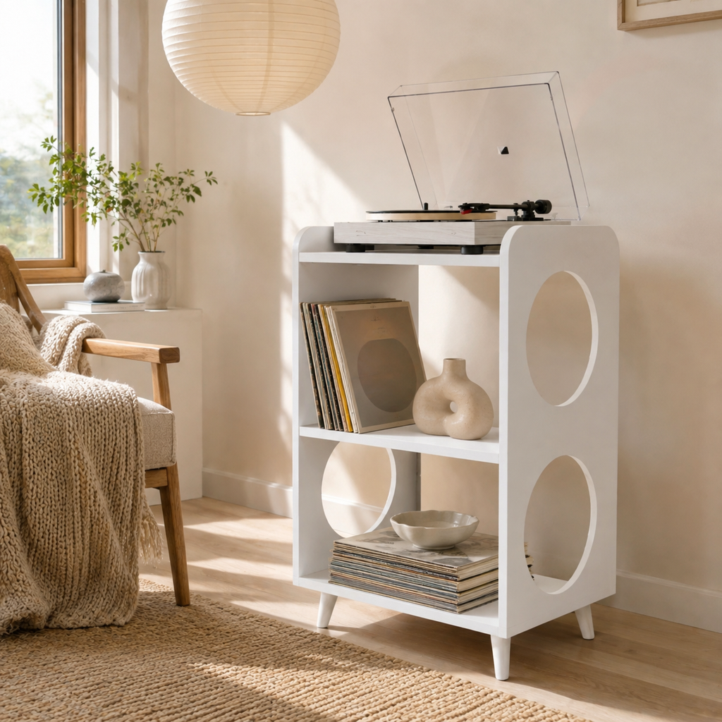 Mid-Century Record Player Stand with Vinyl Storage – Narrow Turntable Stand & LP Organizer