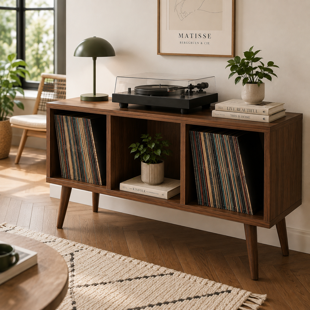 Modern Record Player Stand with Vinyl Storage – Turntable Stand & LP Organizer