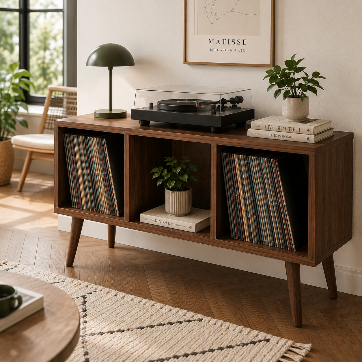 Modern Record Player Stand with Vinyl Storage – Turntable Stand & LP Organizer