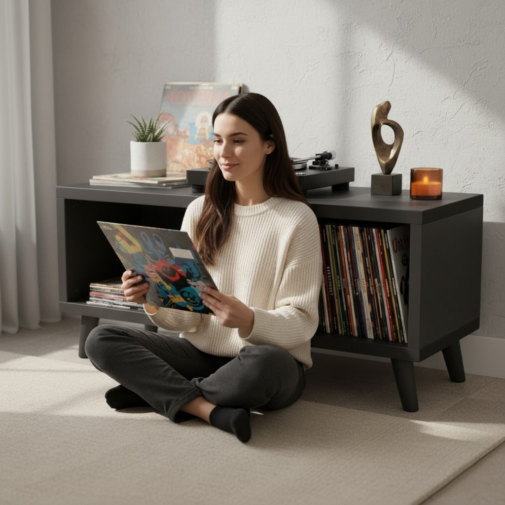 レコードプレーヤー用ロープロファイルスタンド（レコード収納付き）– ターンテーブル台＆LP収納ラック