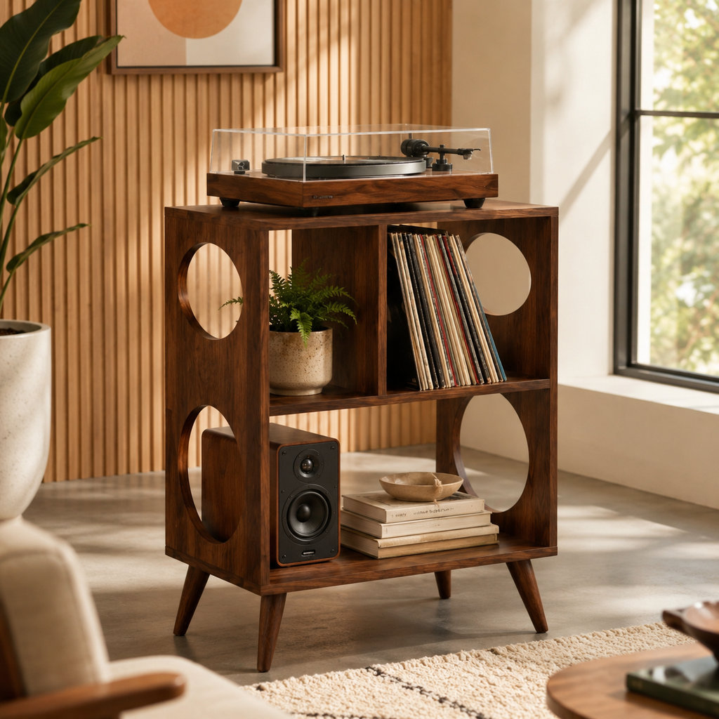 Narrow Record Player Stand with Vinyl Storage – Mid-Century Turntable Stand & LP Organizer
