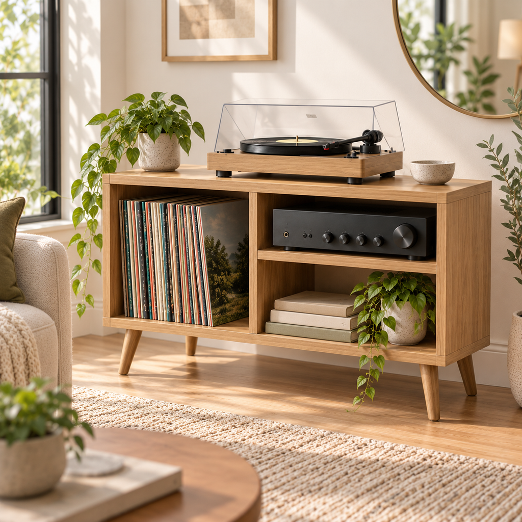 Modern Record Player Stand with Vinyl Storage – Turntable Table & LP Organizer