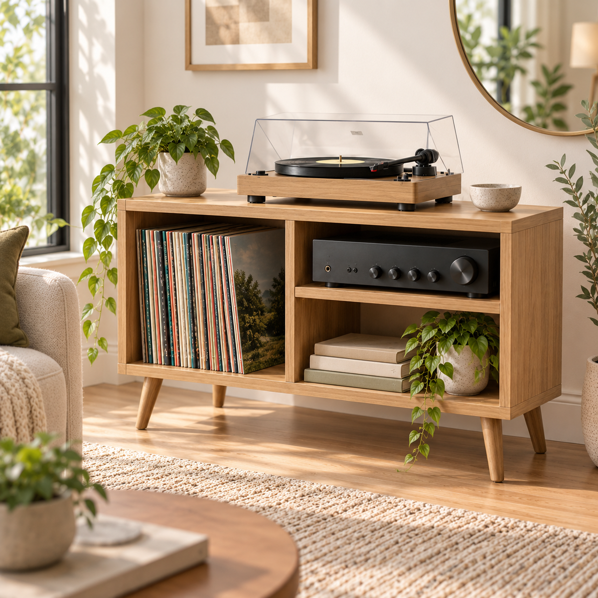 Modern Record Player Stand with Vinyl Storage – Turntable Table & LP Organizer