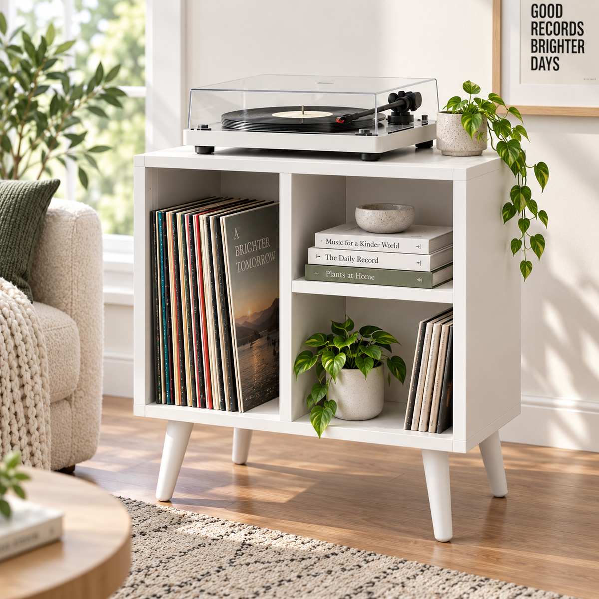 Narrow Record Player Stand with Vinyl Storage – Compact Turntable Cabinet