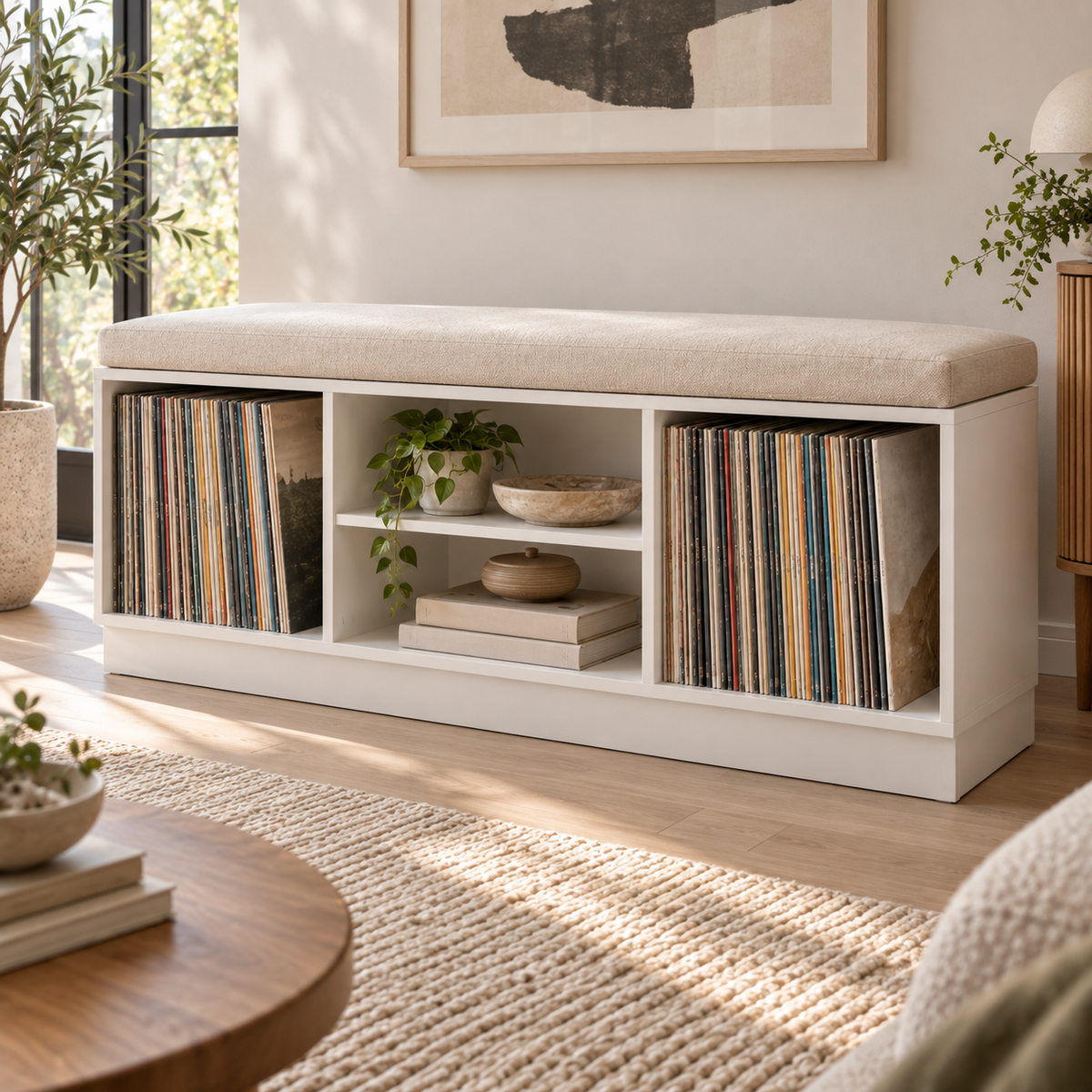 Vinyl Record Storage Bench – LP Organizer & Listening Room