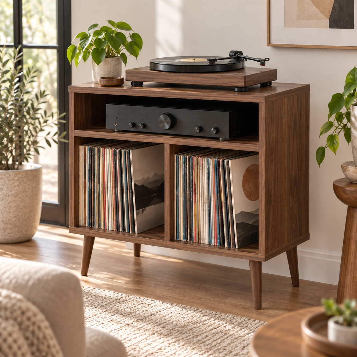 Record Player Stand with Vinyl Storage – Compact Turntable Stand & LP Organizer