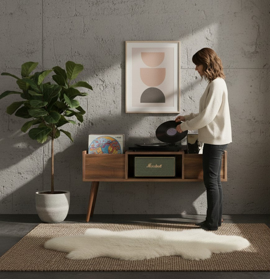 120cm レコードプレーヤー台（レコード収納付き）– モダンなターンテーブルスタンド＆LPオーガナイザー