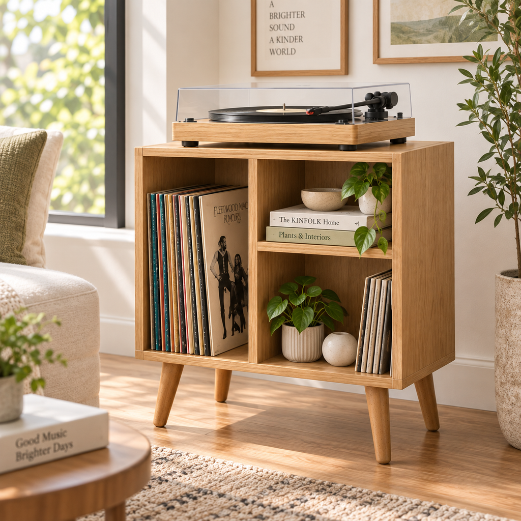 Narrow Record Player Stand with Vinyl Storage – Compact Turntable Cabinet