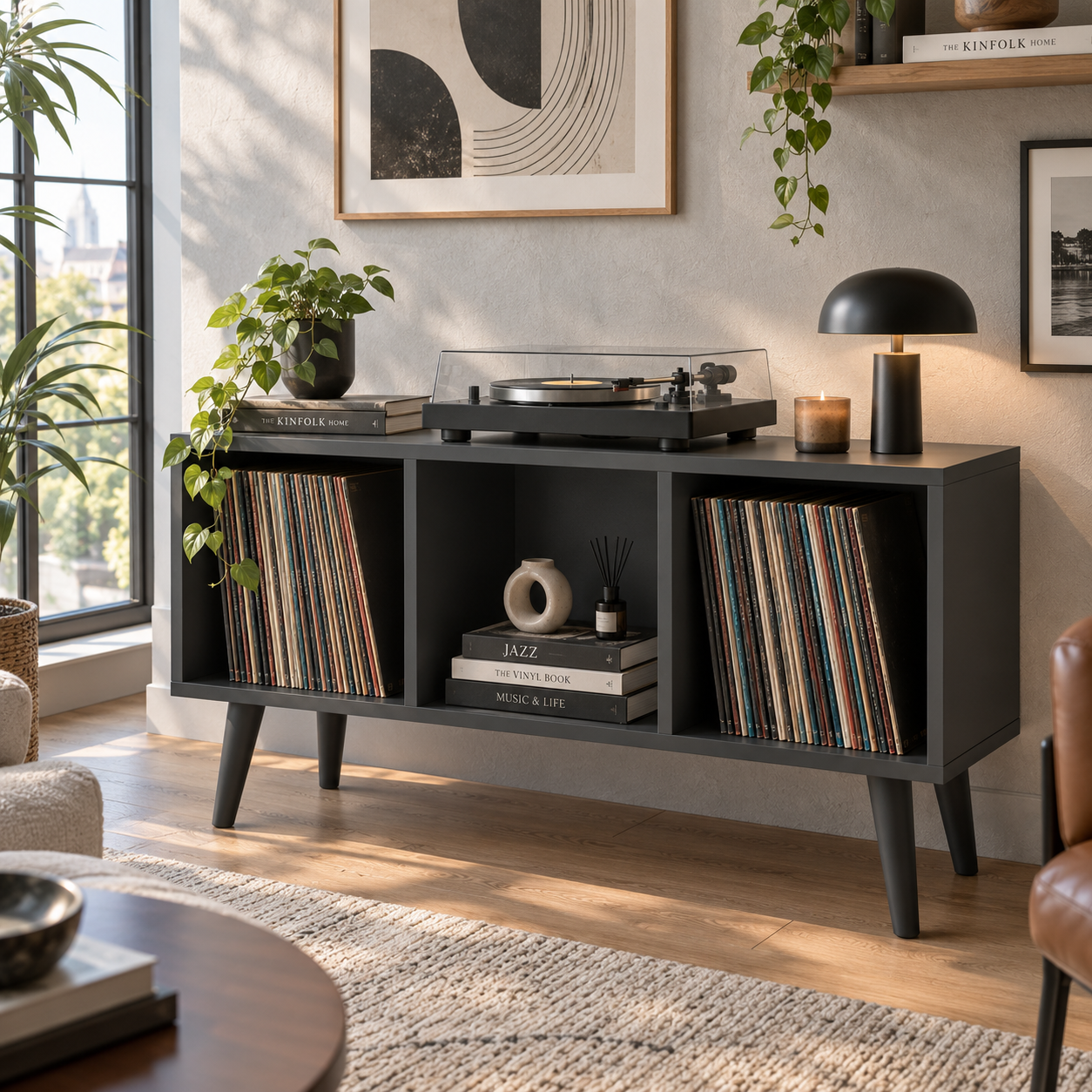 Modern Record Player Stand with Vinyl Storage – Turntable Stand & LP Organizer