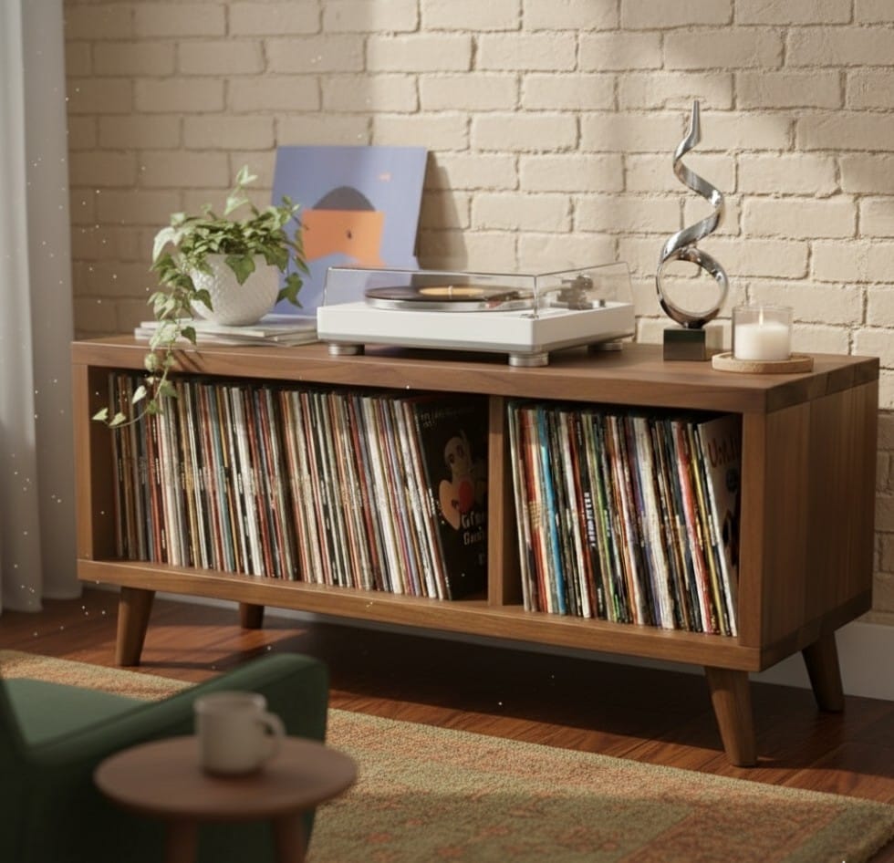 Modern Record Player Stand with Vinyl Storage – Turntable Console & LP Organizer