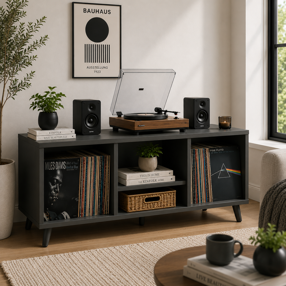 Modern Record Player Stand with Vinyl Storage – Turntable Cabinet & LP Organizer
