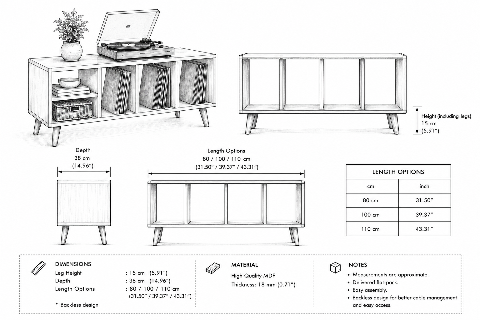 Mid-Century Record Player Stand with Vinyl Storage – Turntable Console & LP Storage Cabinet