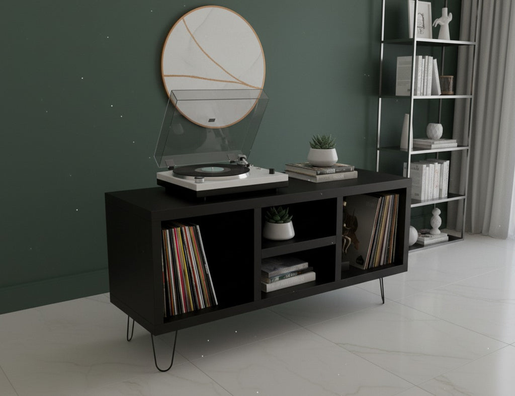 Low Profile Record Player Stand with Vinyl Storage – Turntable Cabinet & LP Organizer