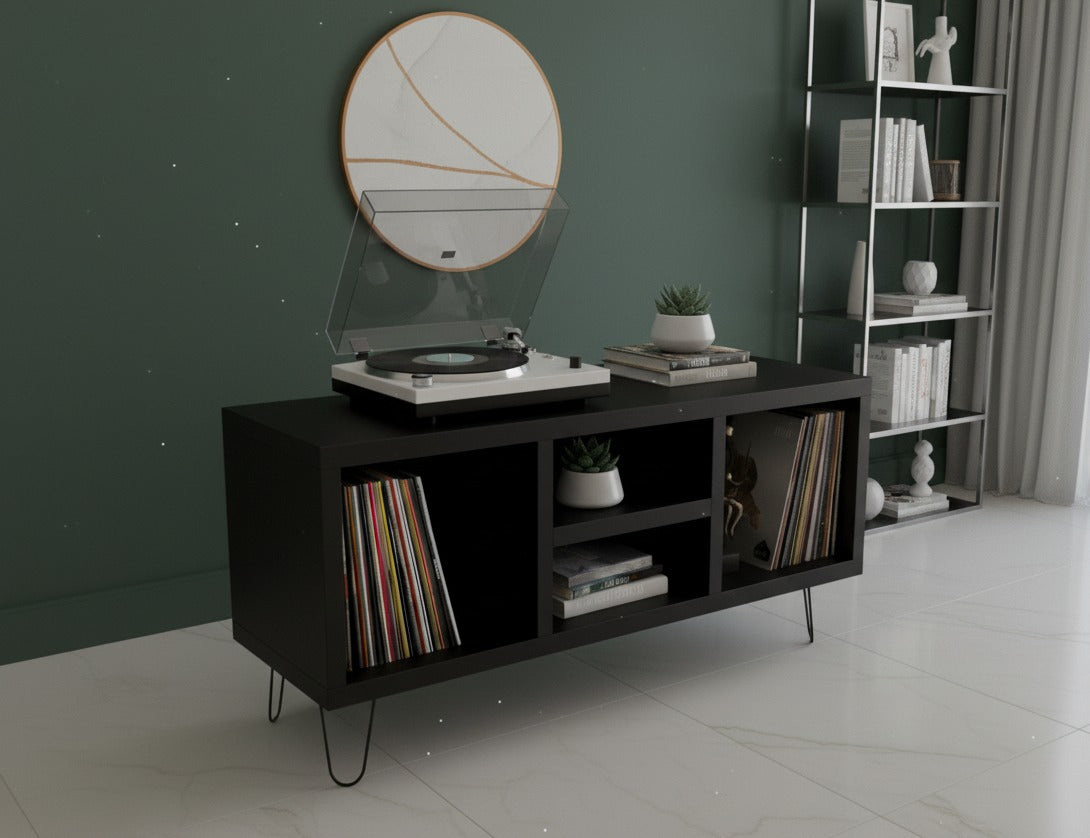 Low Profile Record Player Stand with Vinyl Storage – Turntable Cabinet & LP Organizer