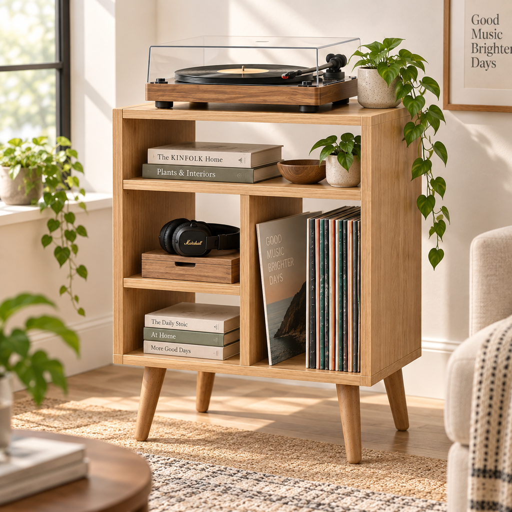 Modern Record Player Stand with Vinyl Storage – Turntable Stand & LP Organizer