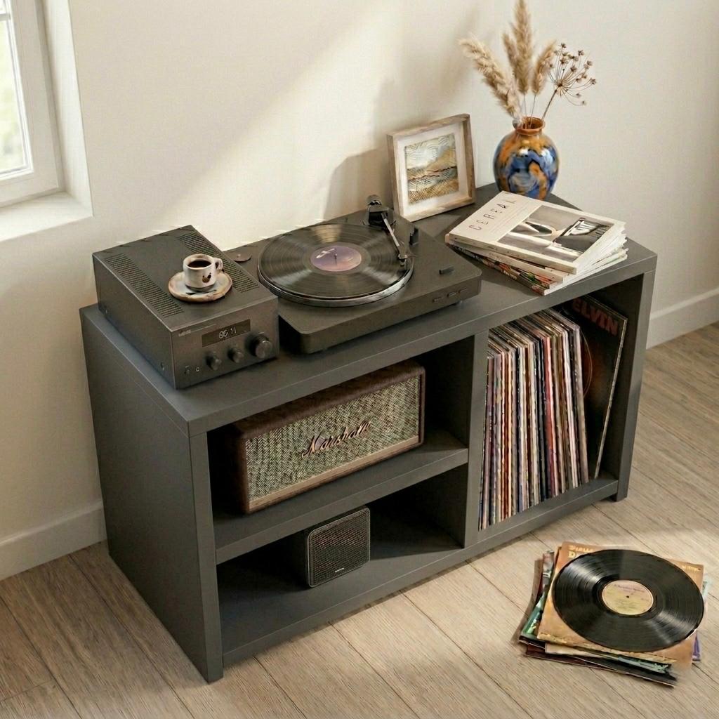 Low Record Player Stand with Vinyl Storage – Turntable Stand & LP Organizer