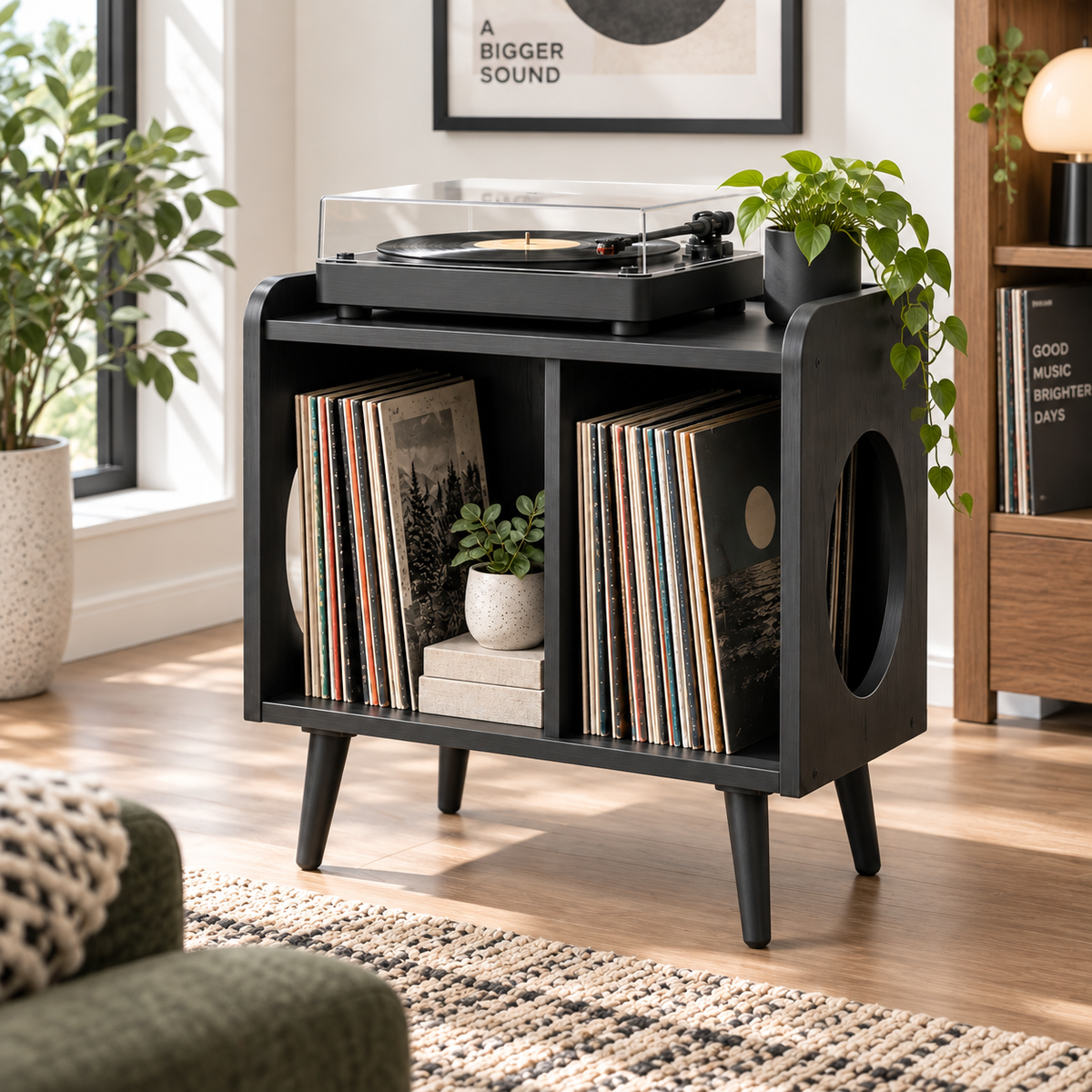 Compact Record Player Stand with Vinyl Storage – Turntable Stand & LP Organizer, 45 cm Wide