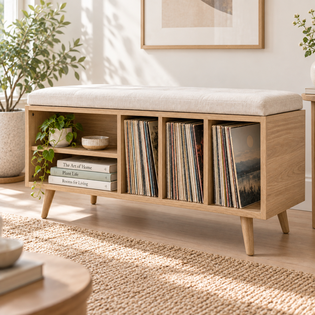 Vinyl Record Storage Bench – LP Organizer & Listening Room