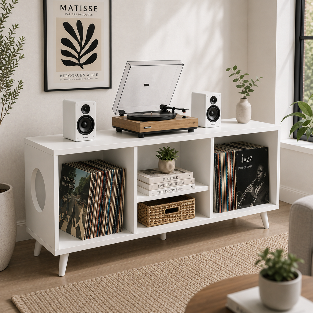 Modern Record Player Stand with Vinyl Storage – Turntable Cabinet & LP Organizer
