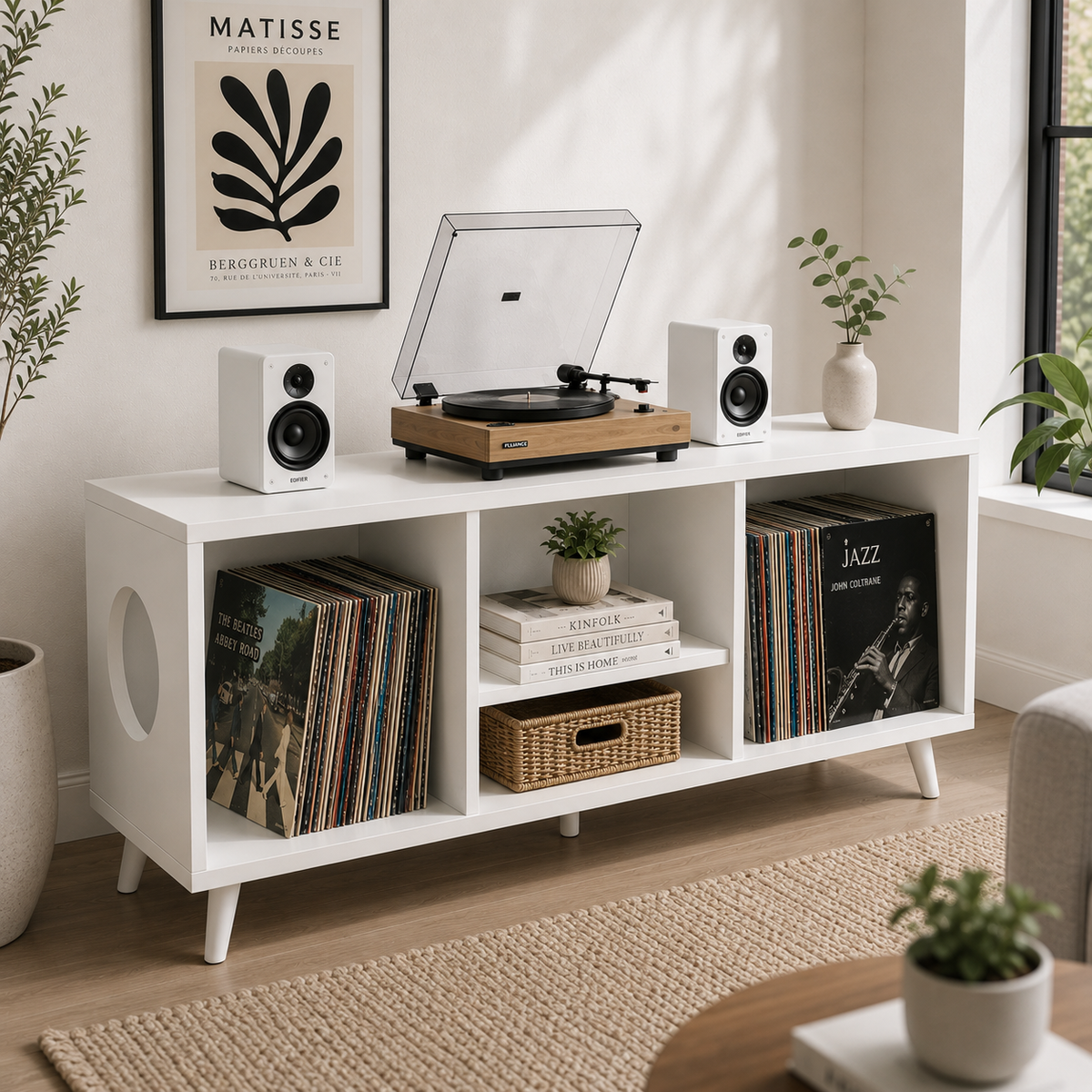Modern Record Player Stand with Vinyl Storage – Turntable Cabinet & LP Organizer