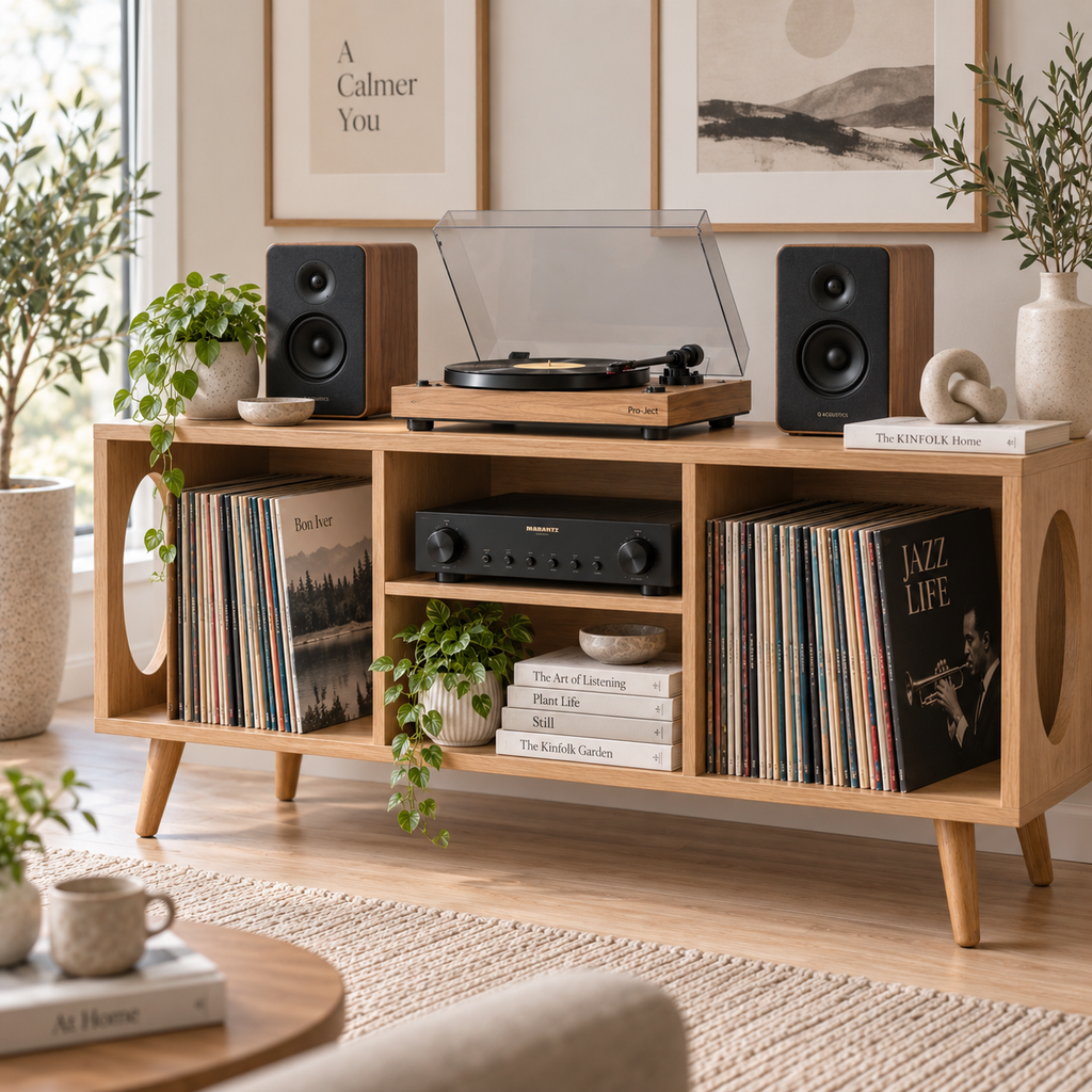 Vinyl Record Storage Console & Turntable Stand | LP Cabinet