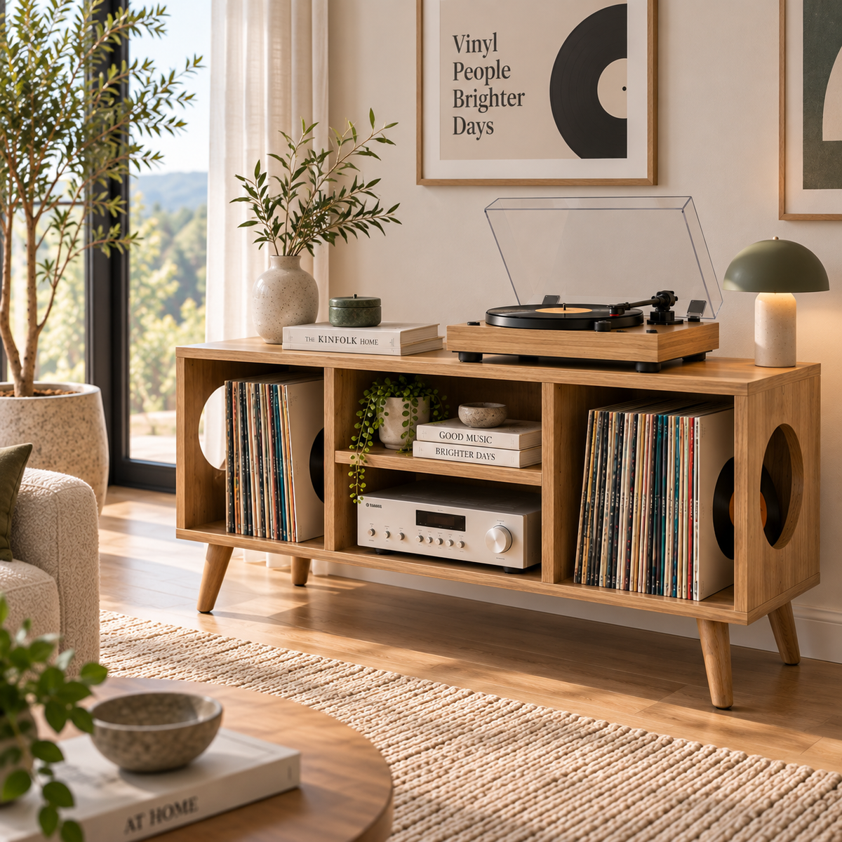 Vinyl Record Storage Console with Turntable Stand – Modern LP Media Cabinet