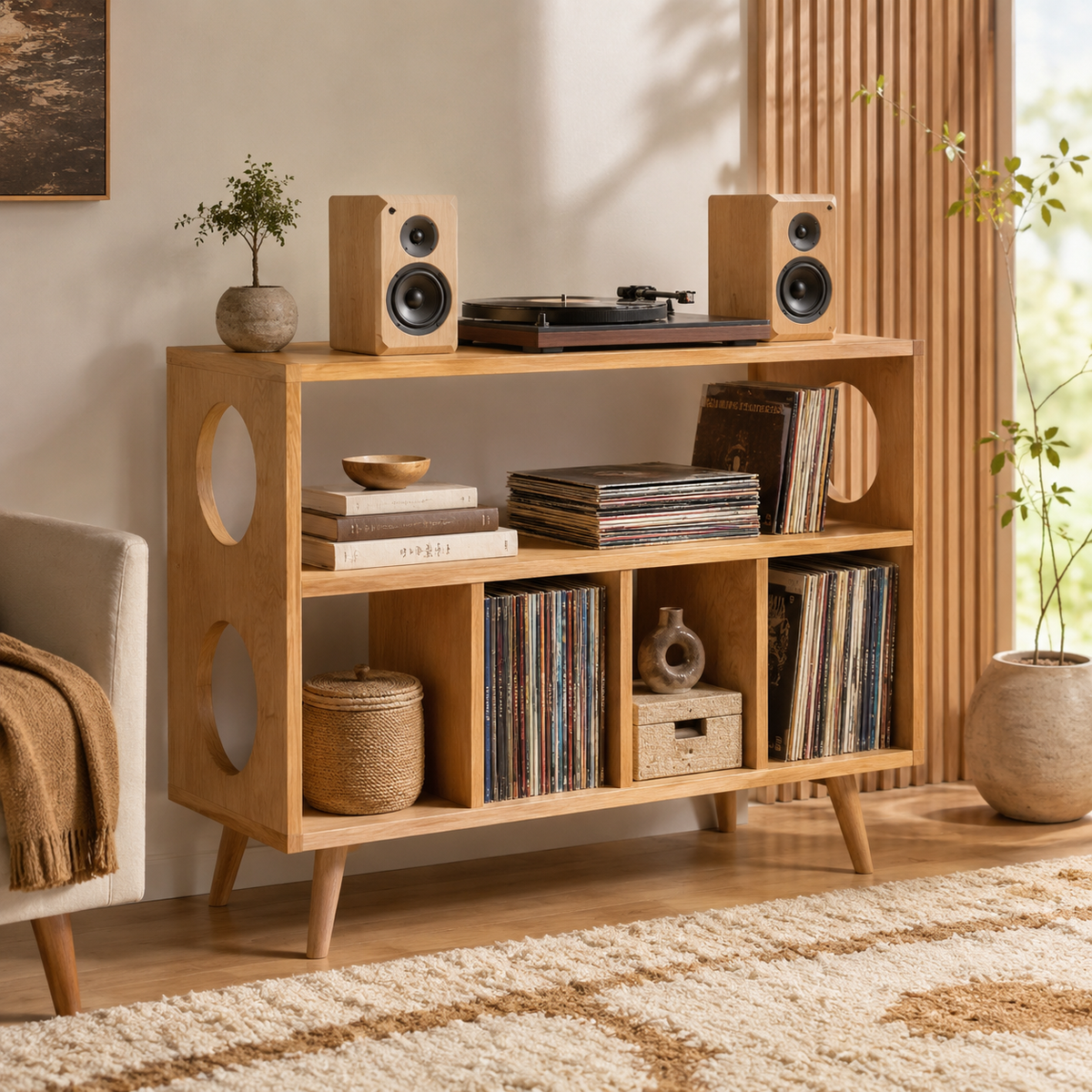 Mid-Century Record Player Stand with Vinyl Storage – Turntable Stand & LP Organizer