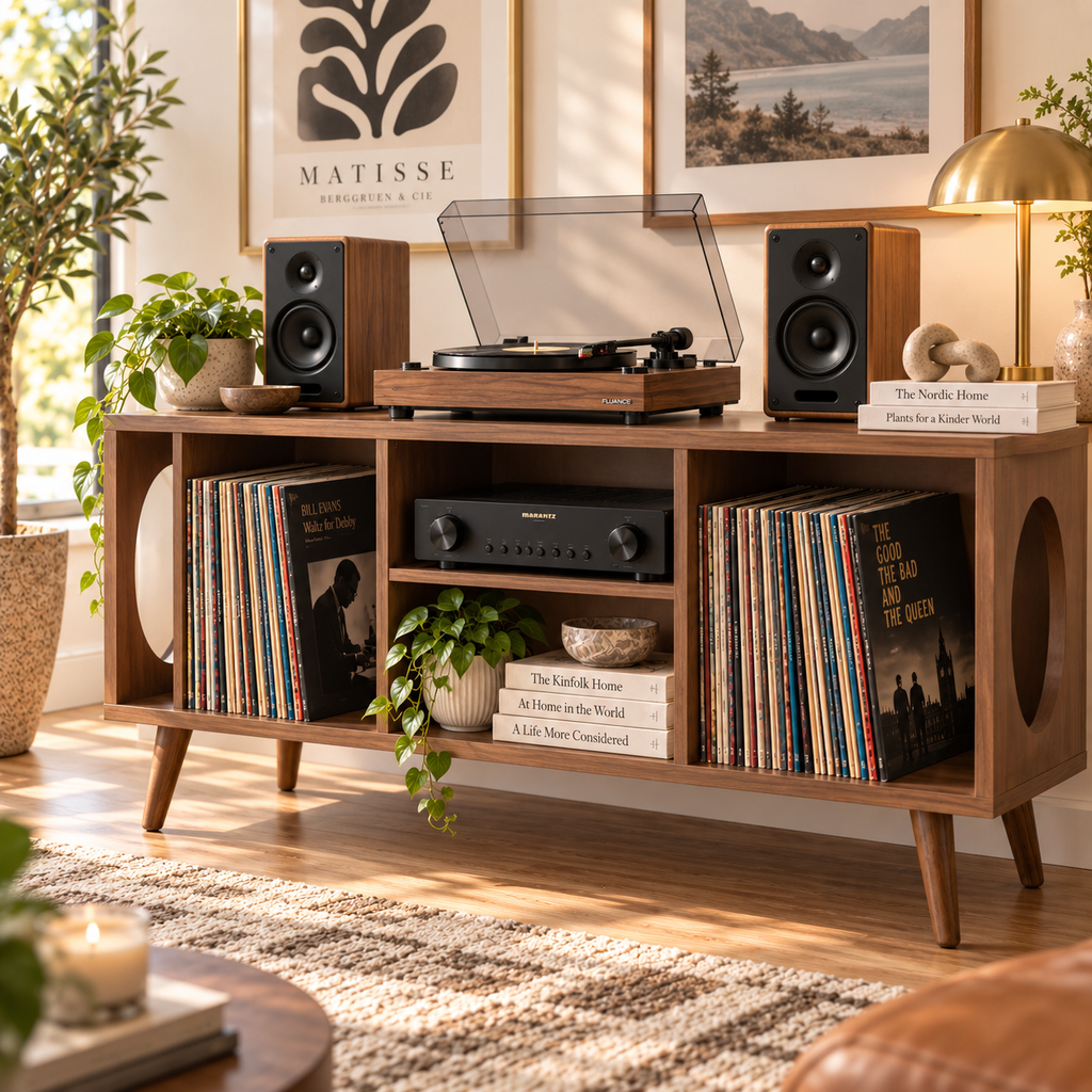 Vinyl Record Storage Console & Turntable Stand | LP Cabinet