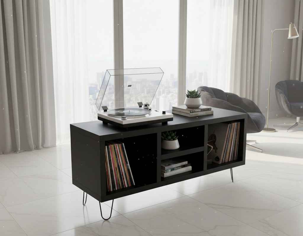 Low Profile Record Player Stand with Vinyl Storage – Turntable Cabinet & LP Organizer